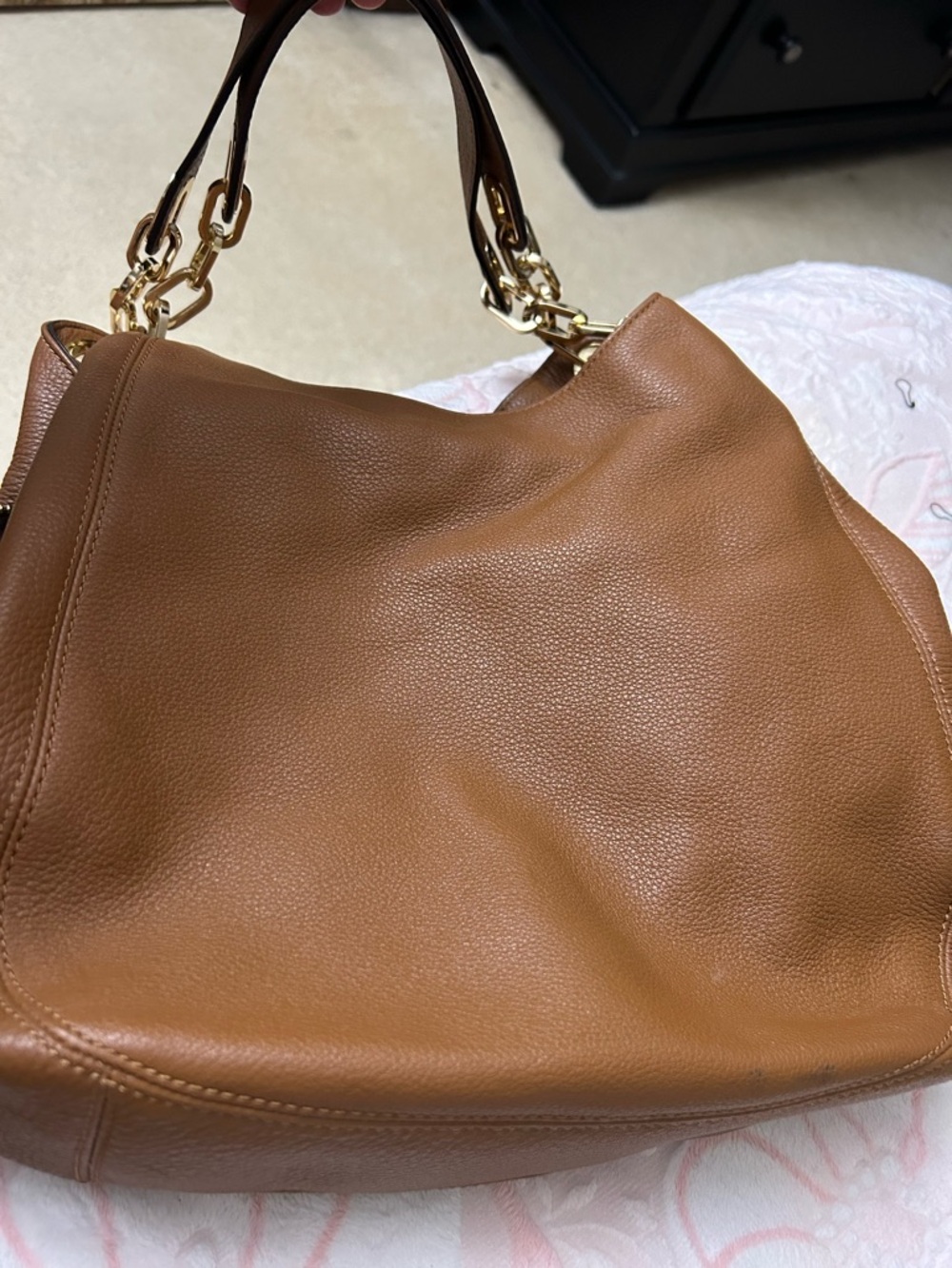 Michael Kors Brown Leather Shoulder Hobo with Gold MK Charm - Picture 6 of 8